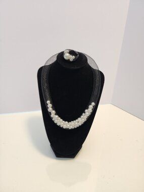 Black Mesh Encased Pearl Choker Necklace and Matching Ring